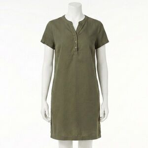 Coldwater Creek XL Olive Green Tencel Lyocell Button Shift Dress Short Sleeve